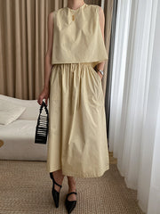 Solid Color Round-Neck Vest + High Waisted Skirt Two Pieces Set