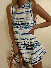 Split-Joint Striped Loose Sleeveless Round-Neck Mini Dresses