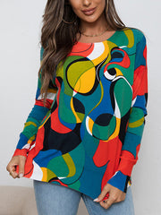 Contrast Color Printed Long Sleeves Loose Round-Neck Sweater Tops Pullovers Knitwear