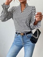 Elasticity Houndstooth Split-Joint Long Sleeves Loose V-Neck Blouses&Shirts Tops
