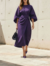 Loose Puff Sleeves Pleated Solid Color Split-Joint Round-Neck Midi Dresses