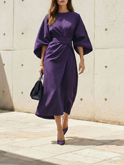 Loose Puff Sleeves Pleated Solid Color Split-Joint Round-Neck Midi Dresses