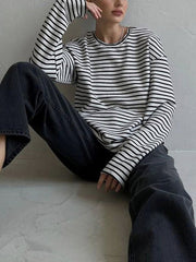 Split-Joint Split-Side Striped Long Sleeves Loose Round-Neck T-Shirts
