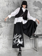 Original Loose Lace-Up Hollow Sleeve Blouse+Black Vest+Wide Leg Pants Culotte Three Pieces Set