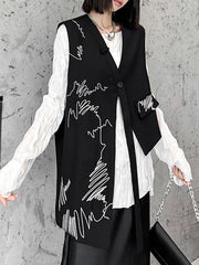Asymmetric Buttoned Embroidered Sleeveless V-Neck Vest Top