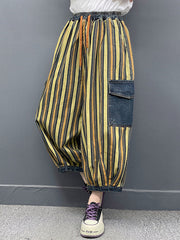 Contrast Color Drawstring Pleated Pockets Striped Loose Ninth Pants Knickerbockers Jean Pants Bottoms