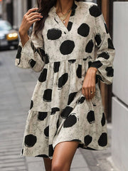 Pleated Polka-Dot Split-Joint A-line Flared Sleeves V-neck Mini Dresses