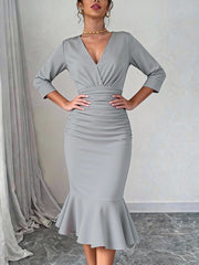 Interlace Solid Color Split-Joint Split-Side Bodycon Elasticated Waist Deep V-Neck Midi Dresses