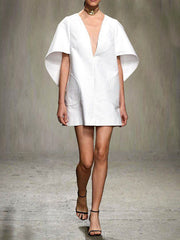 Solid Color Half Sleeves Loose Deep V-Neck Mini Dresses