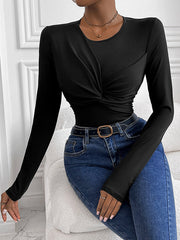 Knot Solid Color Bodycon Long Sleeves Round-Neck Bodysuits