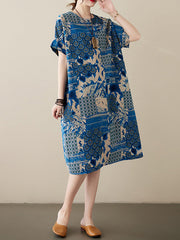 Original Loose Short Sleeves Contrast Color Printed Round-Neck Midi Dresses