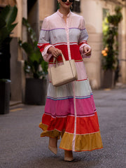 Contrast Color Split-Joint Puff Sleeves Round-neck Shirt Dress Maxi Dresses