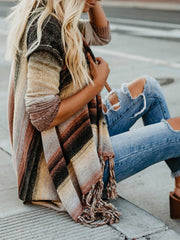 Buttoned Striped Tasseled Long Sleeves Loose Heaps Collar Cardigan Tops