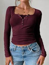 Buttoned Solid Color Long Sleeves Skinny U-Neck T-Shirts Tops