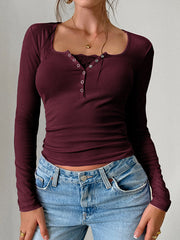 Buttoned Solid Color Long Sleeves Skinny U-Neck T-Shirts Tops