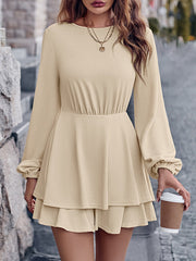 Elasticity Hollow Pleated Solid Color Long Sleeves Puff Sleeves Round-Neck Rompers