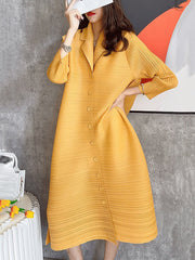 Solid Color Pleated Long Sleeves Shirt Dress Midi Dress