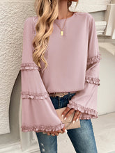 Solid Color Split-Joint Flared Sleeves Long Sleeves Round-Neck T-Shirts Tops