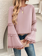 Solid Color Split-Joint Flared Sleeves Long Sleeves Round-Neck T-Shirts Tops