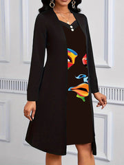 Buttoned Contrast Color Human Pattern Print Split-Joint A-Line False Two Square-Neck Midi Dresses