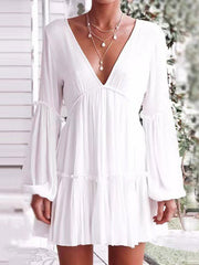 Backless Elasticity Pleated Solid Color Split-Joint A-Line Long Sleeves Deep V-Neck Mini Dresses