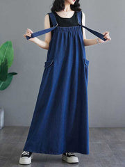 Pleated Pockets Split-Joint A-Line Loose Spaghetti-Neck Suspender Dress Maxi Dresses