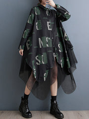 Buttoned Letter Print Mesh Split-Joint A-Line Long Sleeves Lapel Shirt Dress Midi Dresses