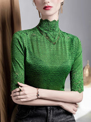 Slightly Sheer Split-Joint Textured False Two Half Sleeves High Neck T-Shirts Tops