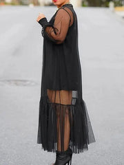 Loose Puff Sleeves Gauze Pleated Solid Color Outer Maxi Dress + Spaghetti-neck Mini Dress Two Pieces Set