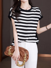 Contrast Color Striped Loose Plus Size Round-Neck T-Shirts