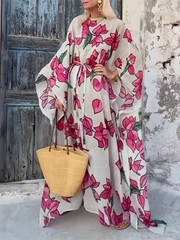 Flower Print Split-Joint Split-side Tied Waist Batwing Sleeves Long Sleeves Round-neck Maxi Dresses