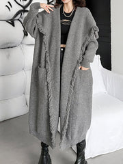 Fringed Pockets Solid Color Long Sleeves Loose V-Neck Cardigan Coats