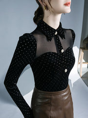 Buttoned Polka Dot Split-Joint Long Sleeves Skinny Lapel T-Shirts Tops