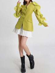 Buttoned Pockets Ruffled Split-Joint Long Sleeves Loose Notched Collar Outerwear Blazer