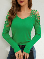 Hollow Rhine Stones Split-Joint Long Sleeves Loose V-Neck T-Shirts Tops