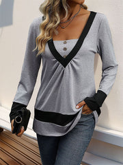 Buttoned Contrast Color Pleated Split-Joint Long Sleeves Loose V-Neck T-Shirts Tops