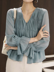 Pleated Solid Color Split-Front Flared Sleeves Long Sleeves V-Neck Blouses&Shirts Tops