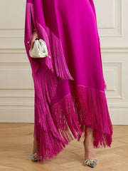 Solid Color Split-Joint Tasseled Batwing Sleeves Loose High Neck Maxi Dresses Evening Dresses