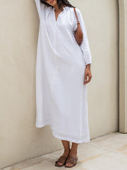 Pleated Solid Color Split-Joint Split-side Long Sleeves Loose Round-neck Shirt Dress Midi Dresses