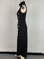 Bodycon Sleeveless Buttoned Solid Color Split-Side High Neck Maxi Dresses