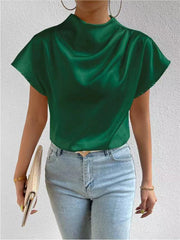 Pleated Solid Color Loose Short Sleeves Mock Neck T-Shirts Tops
