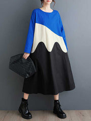Contrast Color A-Line Long Sleeves Round-Neck Midi Dresses