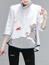 Embroidered Figure Loose Plus Size Stand Collar Blouses&shirts Tops