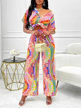 Buttoned Loose Short Sleeves Striped Lapel Shirts Top + Elasticity Pants Bottom Two Pieces Set