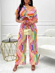Buttoned Loose Short Sleeves Striped Lapel Shirts Top + Elasticity Pants Bottom Two Pieces Set
