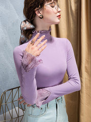 Pleated Ruffled Solid Color Flared Sleeves Long Sleeves High Neck T-Shirts Tops