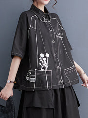 Contrast Color Printed Split-Joint Loose Short Sleeves Lapel Blouses