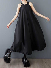 Drawstring Pleated Pockets Solid Color Zipper A-Line Loose Spaghetti-Neck Midi Dresses