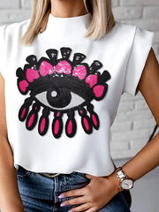Cap Sleeve Loose Applique Embroidered Figure High-Neck T-Shirts Tops