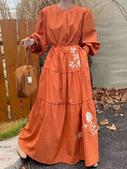 Buttoned Embroidered Pleated Pockets Split-Joint Tied Waist High Waisted Long Sleeves Round-Neck Maxi Dresses